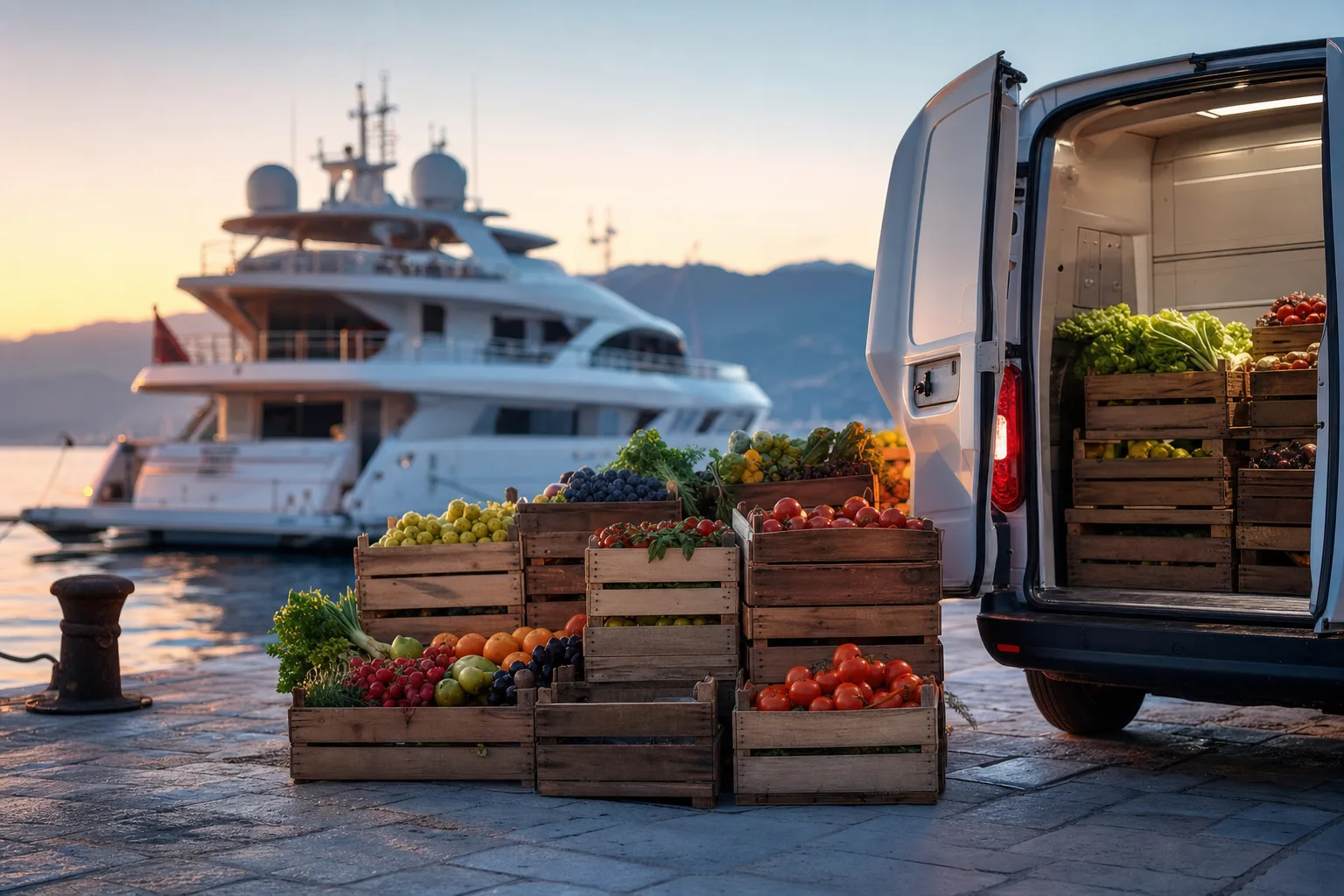 Crates of fresh fruit and vegetables stacked on a quay at first light